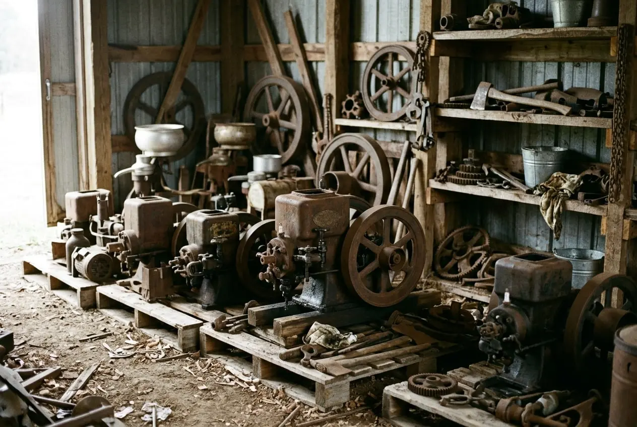 Antique cast-iron engines and farm collectibles on pallets inside a machine shed