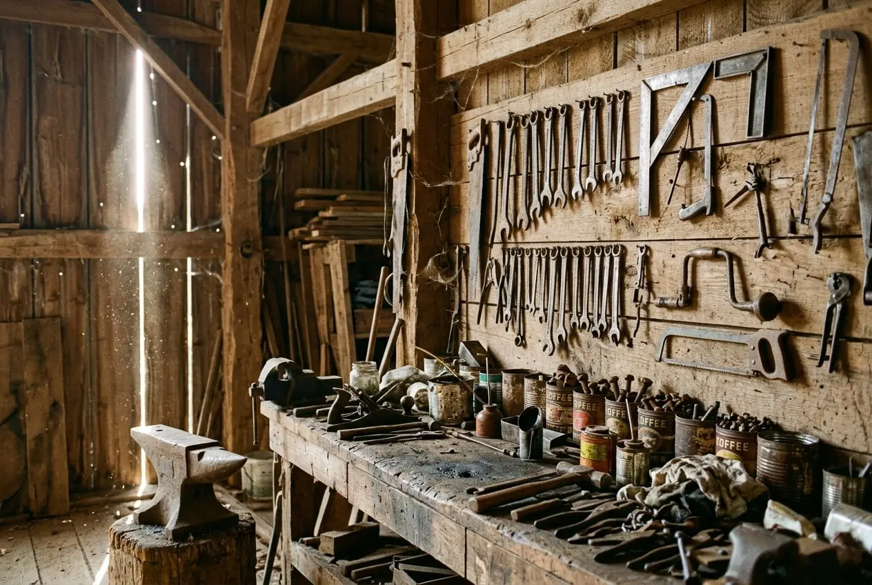 A barn workbench covered in decades of hand tools
