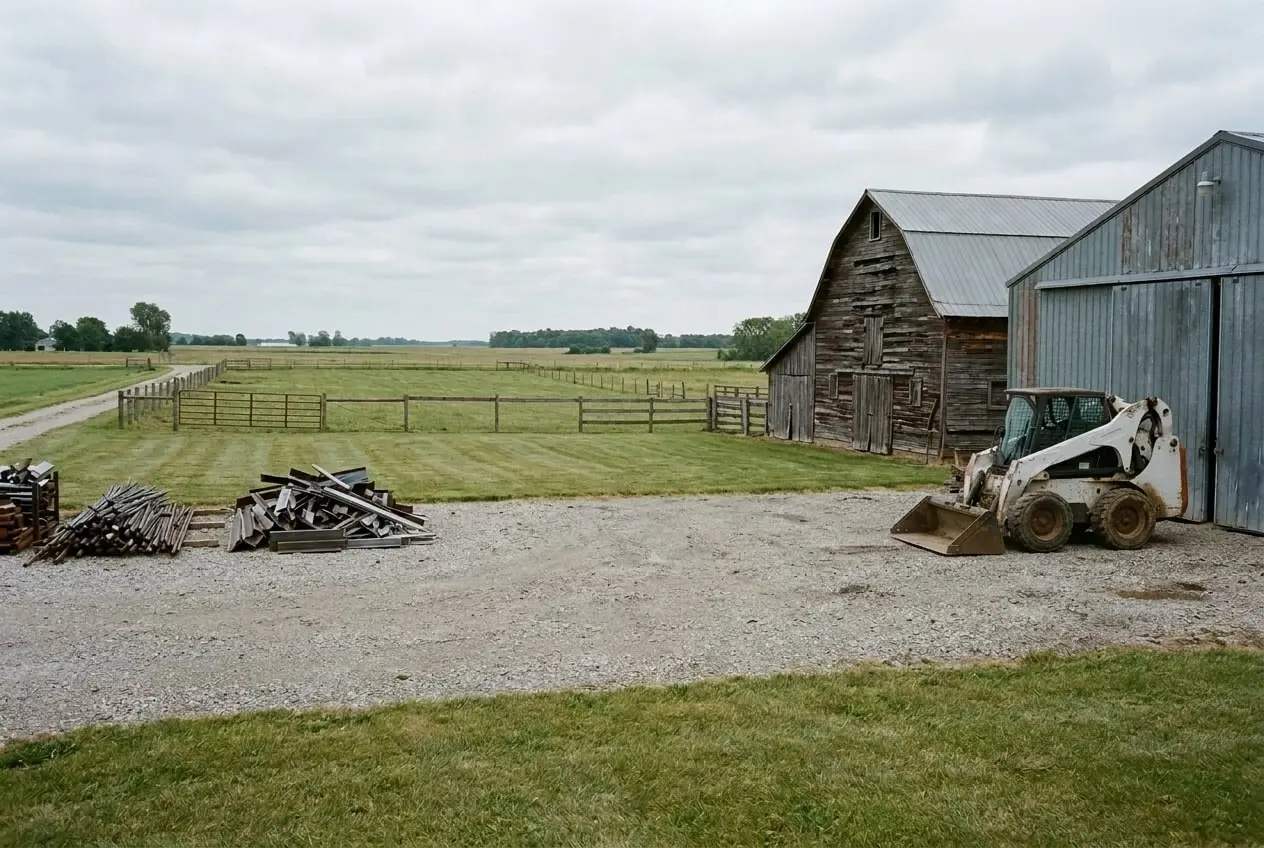 A cleared farmyard with sorted scrap piles beside a tidy barn
