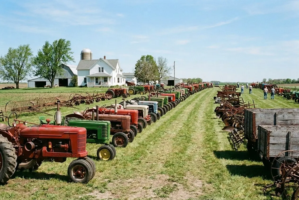 Rows of vintage tractors and implements lined up on a farm lawn
