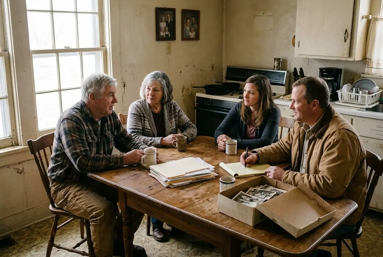 A farm family talking through an estate with an advisor at a kitchen table