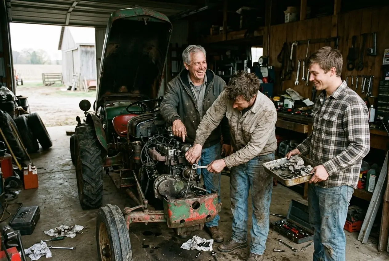 A father and his two sons working together on an antique tractor