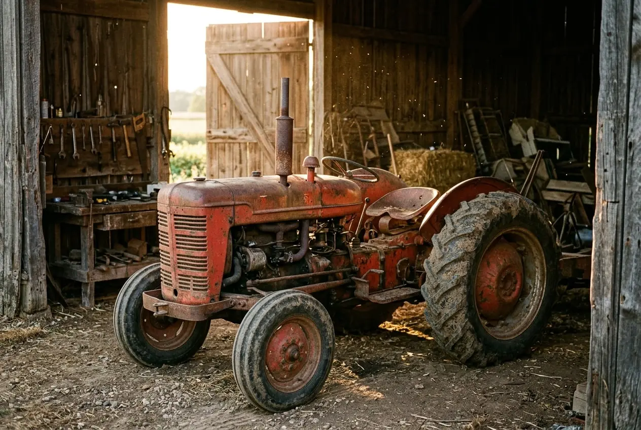 A vintage red tractor parked inside the doors of an old barn